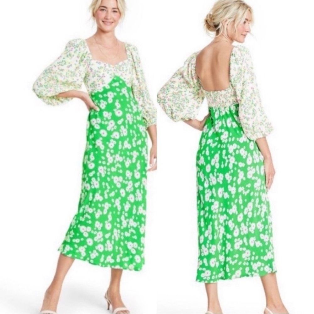 RIXO Target Green Floral Puff Sleeve Midi Dress Boho Cottagecore Size 8
